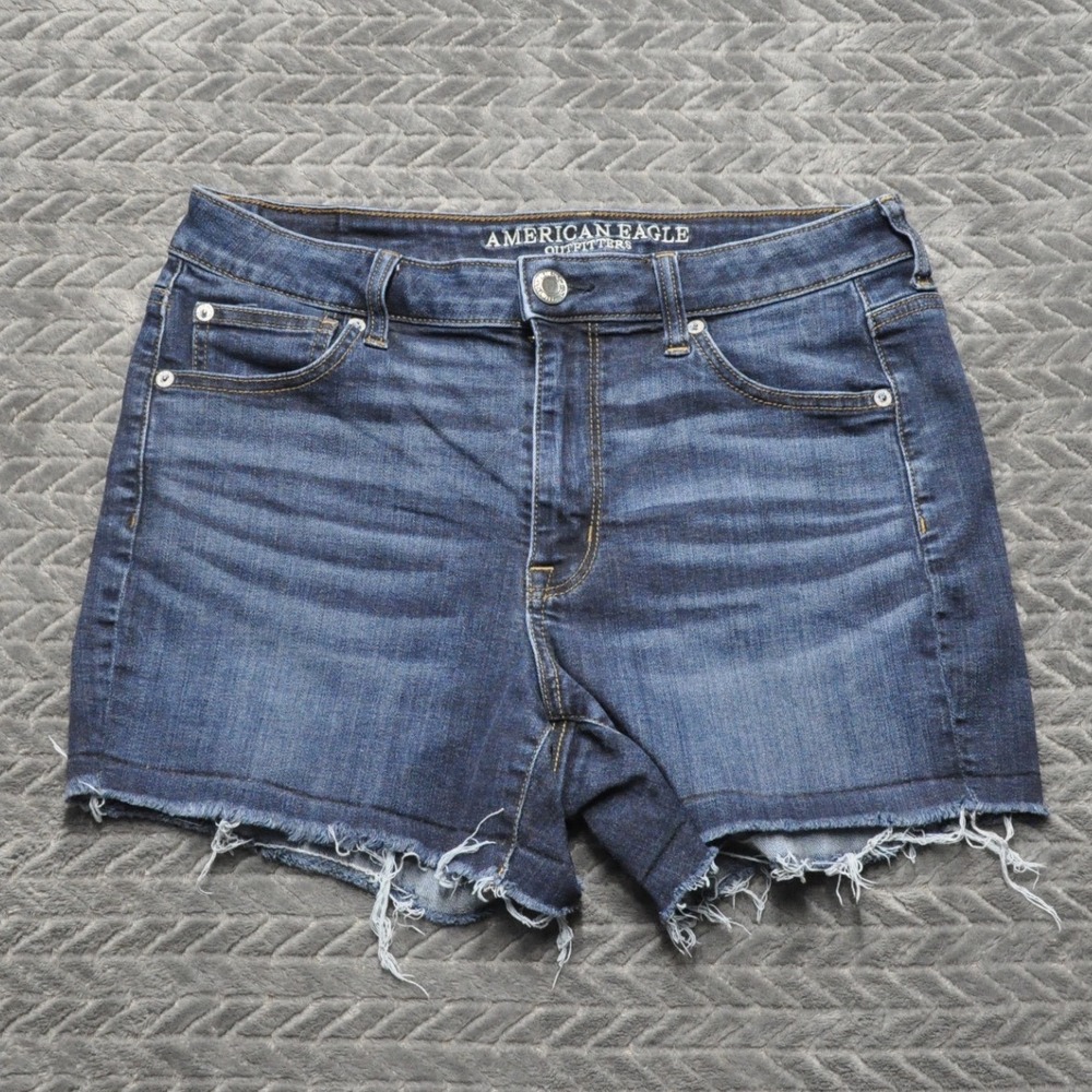 American Eagle Hi-Rise Shortie Denim Shorts 12 Blue Excellent Raw Hem (1851)
